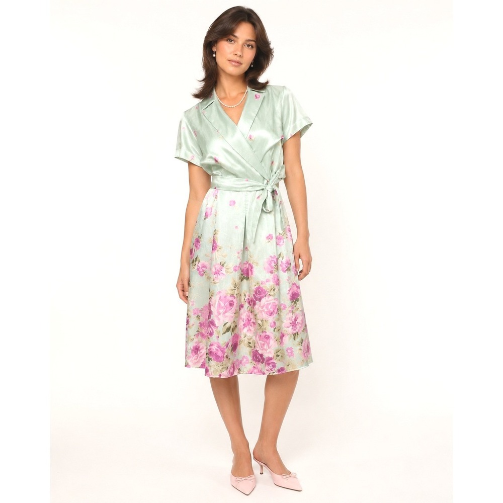 Shelby & Palmer Womens Floral Faux Wrap Dress 14 Green Pink Satin Tea Party Midi